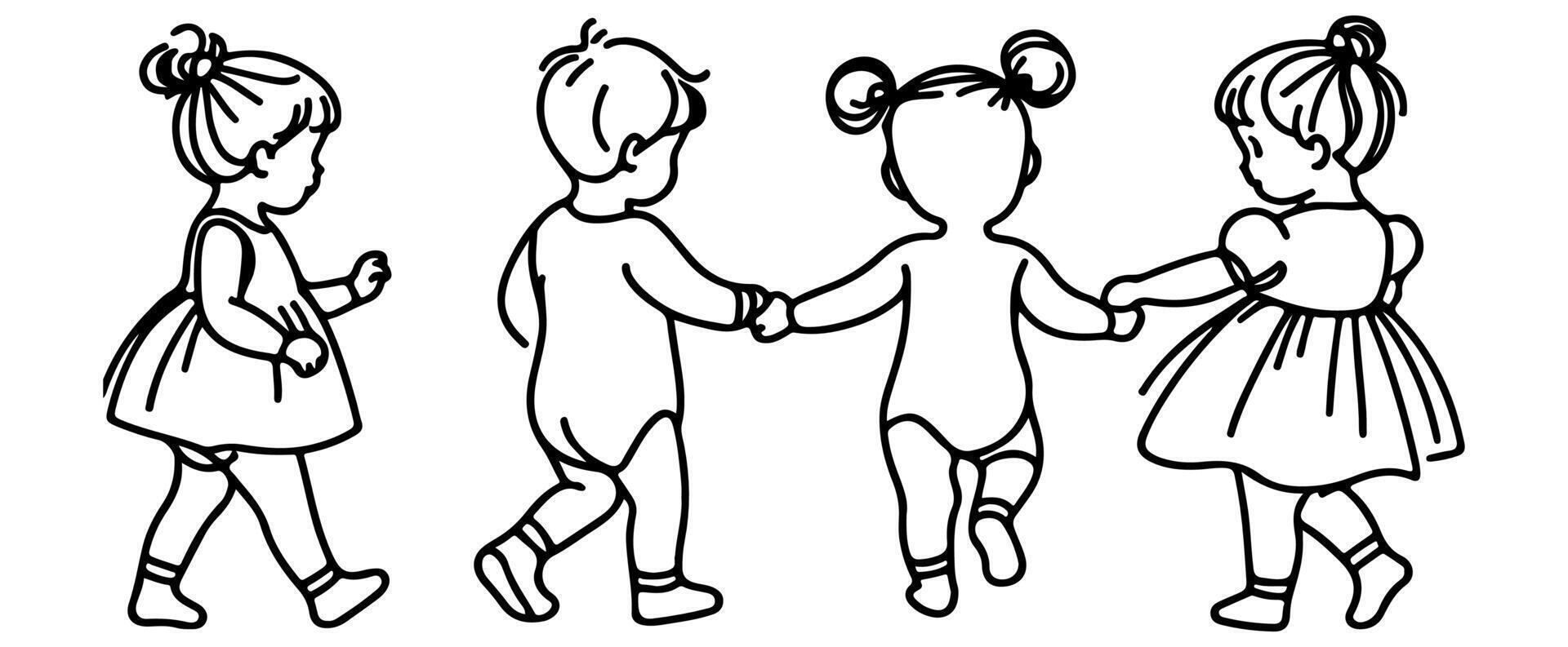 Continuous one black line art hand drawing child walking doodles outline cartoon characters set style coloring page vector illustration  on white background