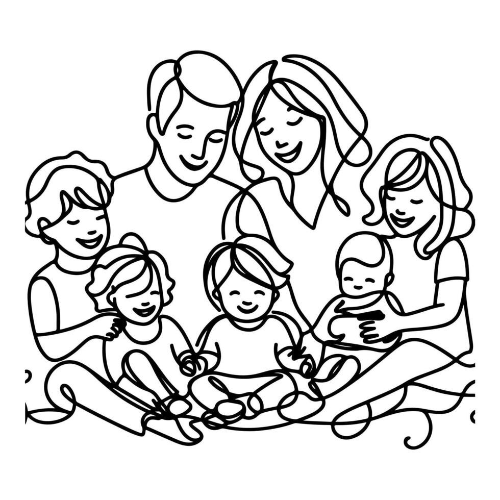 Continuous one black line art drawing happy family father and mother with child doodles style vector illustration on white