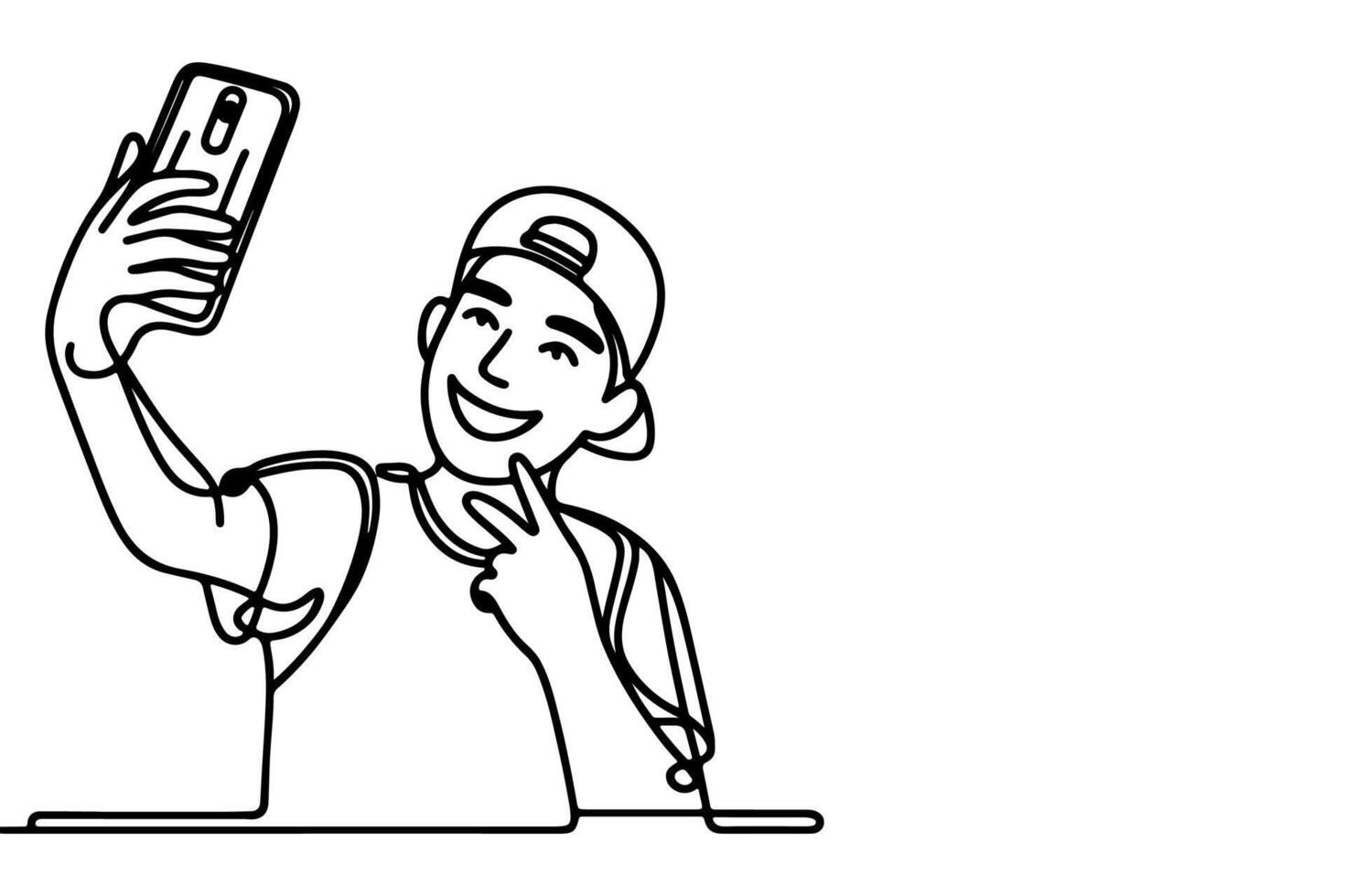 continuous one black line art drawing cheerful young man holding smartphone to taking acting selfie or video call through mobile phone outline doodle vector family travel concept