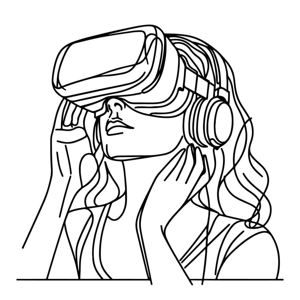 single continuous drawing black line art linear girl using virtual reality headset simulator glasses to learn new technology vector