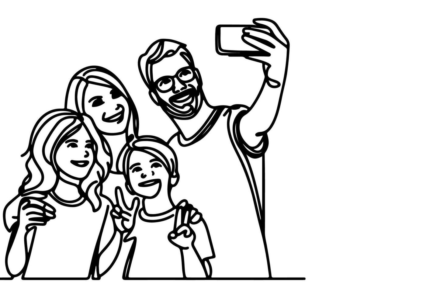 continuous one black line art drawing cheerful family taking acting selfie or video call through mobile phone outline doodle vector family travel concept