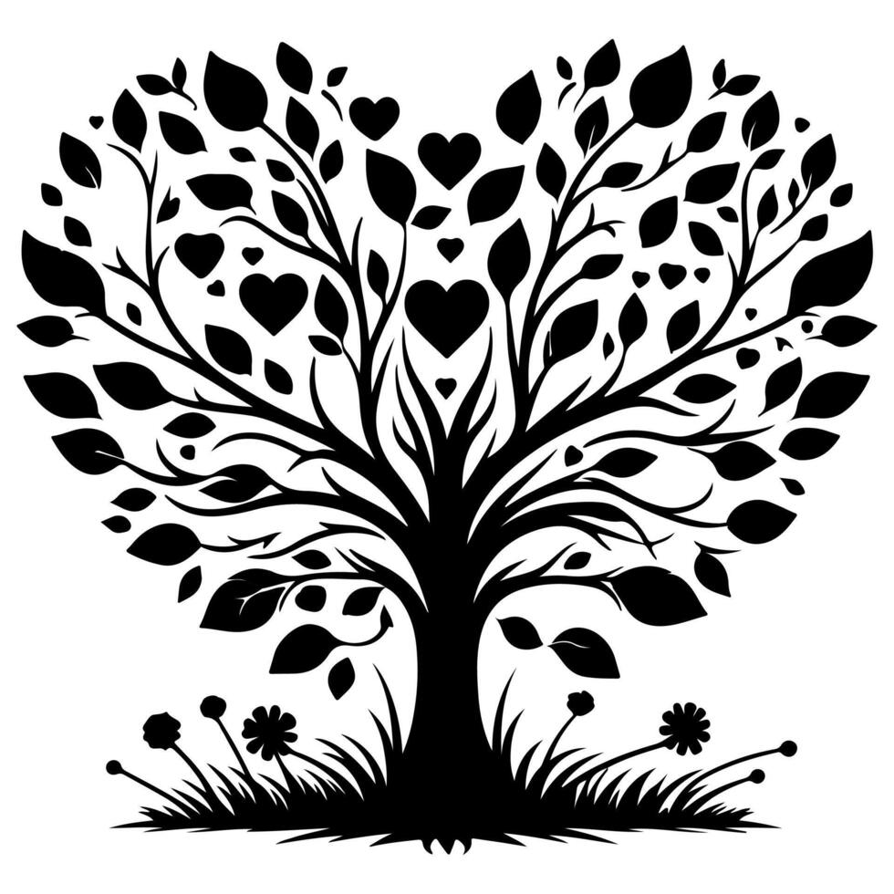 Black love tree with heart leaves. hand draw Valentine tree silhouette clip art isolated on white background, vector illustration
