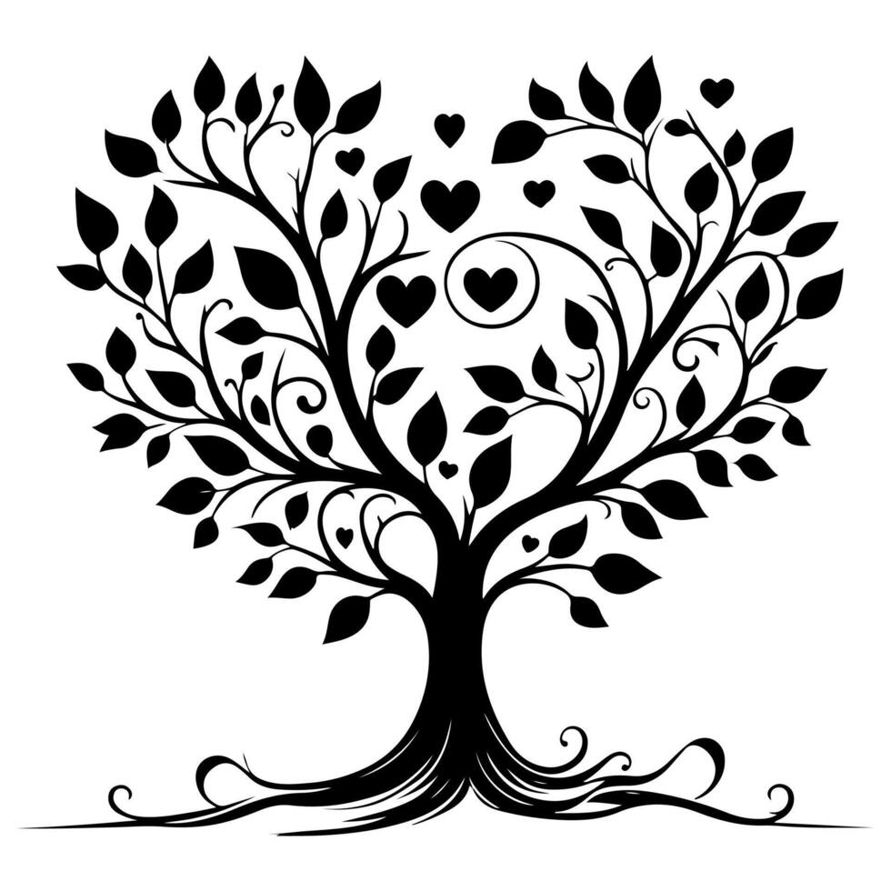 Black love tree with heart leaves. hand draw Valentine tree silhouette clip art isolated on white background, vector illustration