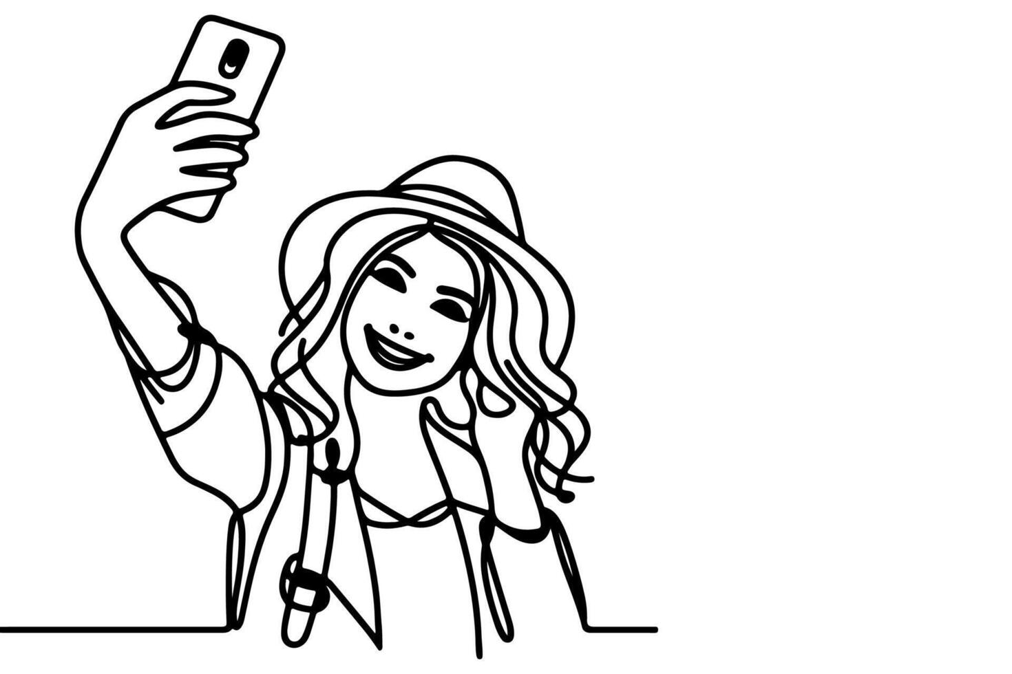 continuous one black line art drawing cheerful young girl holding smartphone to taking acting selfie or video call through mobile phone outline doodle vector family travel concept