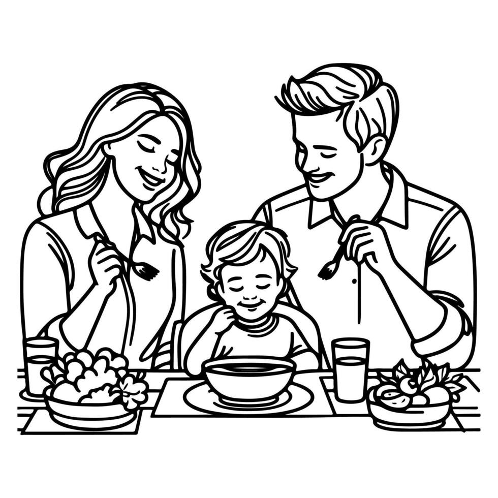 continuo uno negro línea Arte dibujo contento familia padre y madre con niño. teniendo cena sentado a mesa garabatos estilo vector ilustración en blanco antecedentes