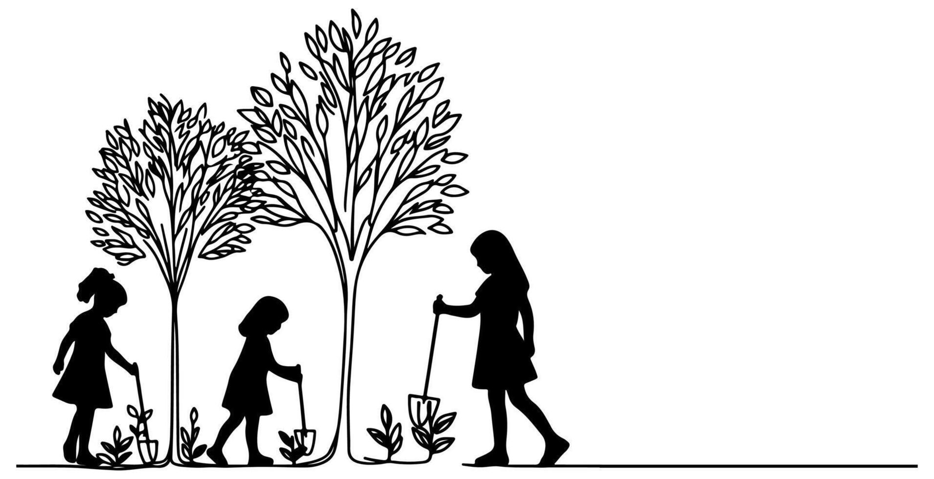 Continuous one black line art drawing Silhouette of children planting tree. Shovel digs roots plant into ground to save the world and earth day reduce global warming growth vector