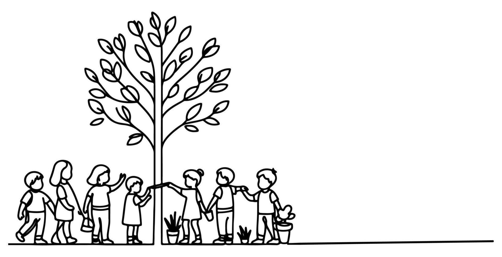 Continuous one black line art drawing Silhouette of children planting tree. Shovel digs roots plant into ground to save the world and earth day reduce global warming growth vector