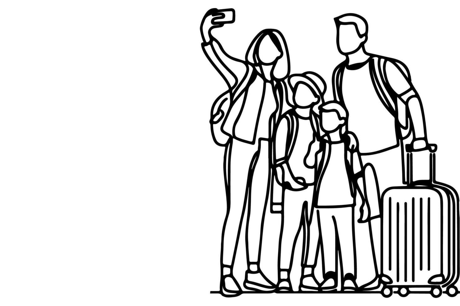 continuo uno negro línea Arte dibujo alegre familia tomando interino selfie o vídeo llamada mediante móvil teléfono contorno garabatear vector familia viaje concepto