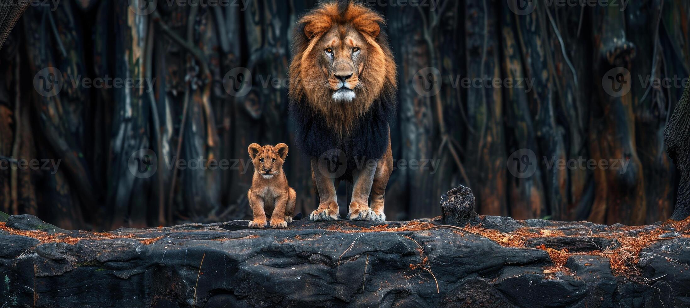 AI generated Male lion and cub portrait with object, ample space on left side for text placement photo