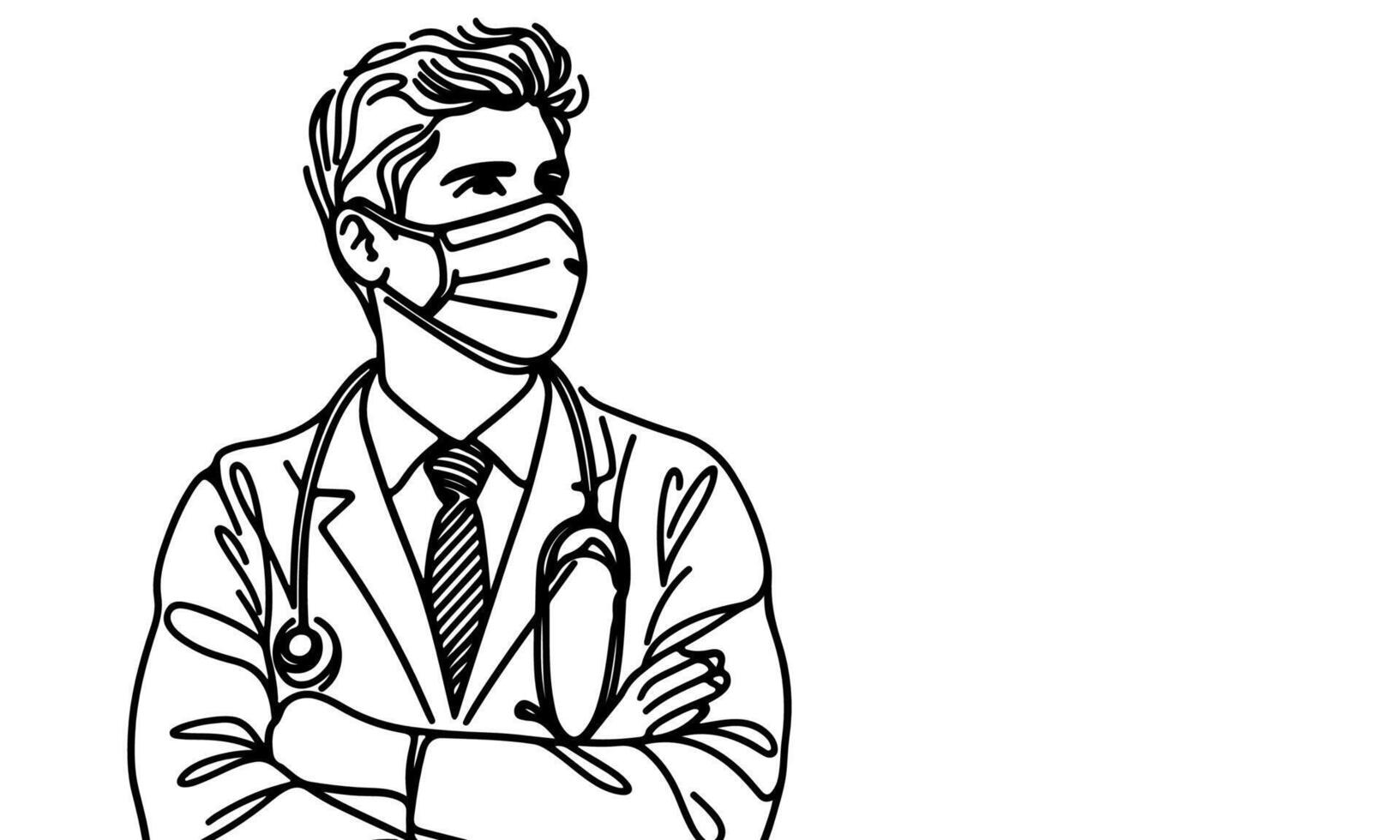 Continuous one black line art hand drawing doctors. National doctor day concept vector illustration on white background with copy space