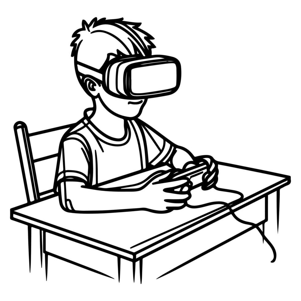 single continuous drawing black line art linear boy using virtual reality headset simulator glasses to learn new technology vector