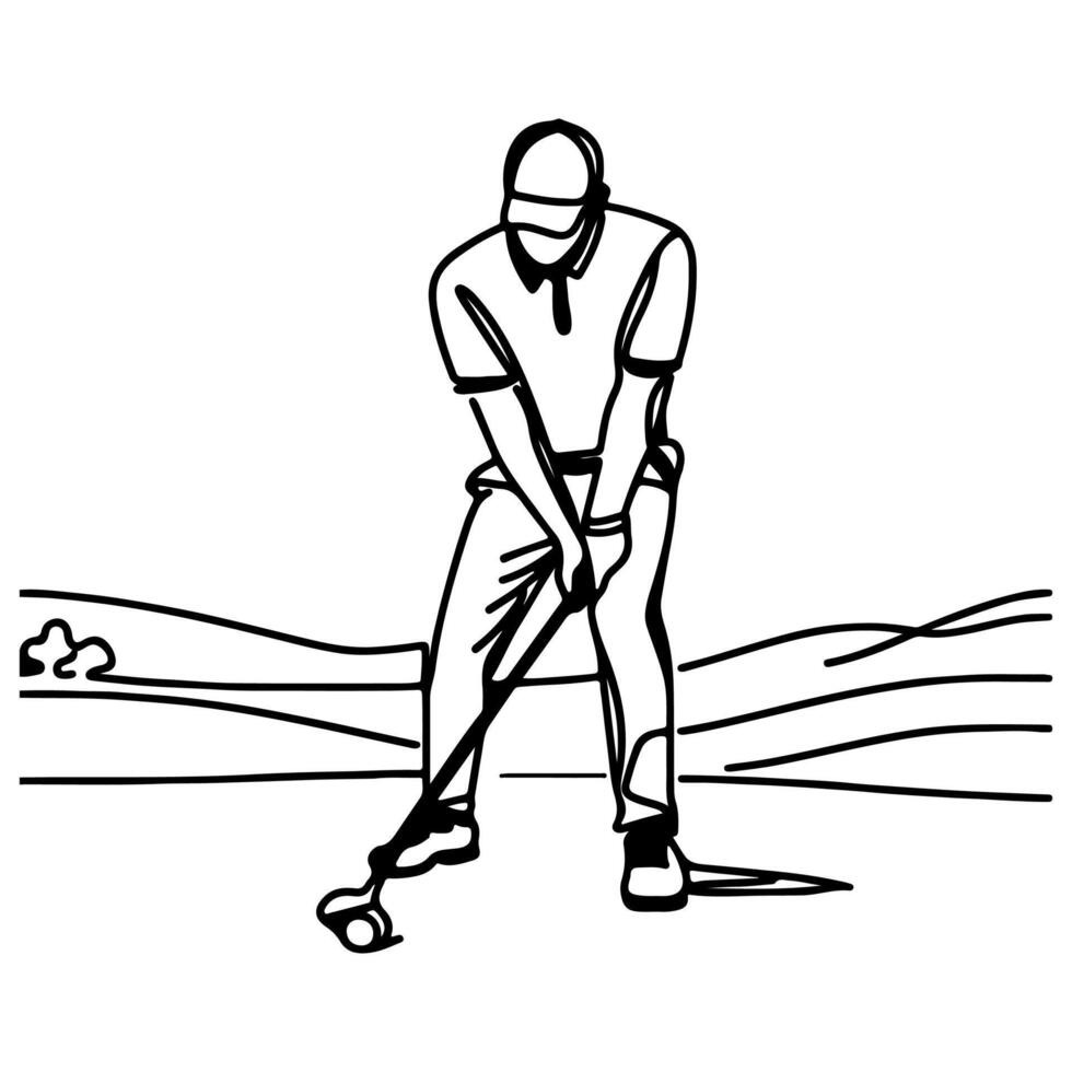 continuous one line golf swing player on professional taking a shot doodle vector illustration on white