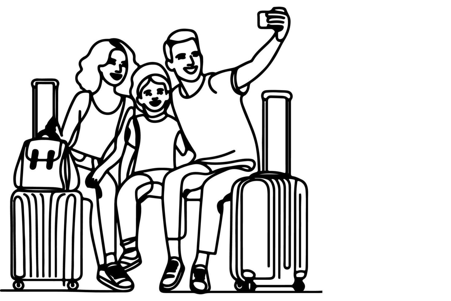continuous one black line art drawing cheerful family taking acting selfie or video call through mobile phone outline doodle vector family travel concept
