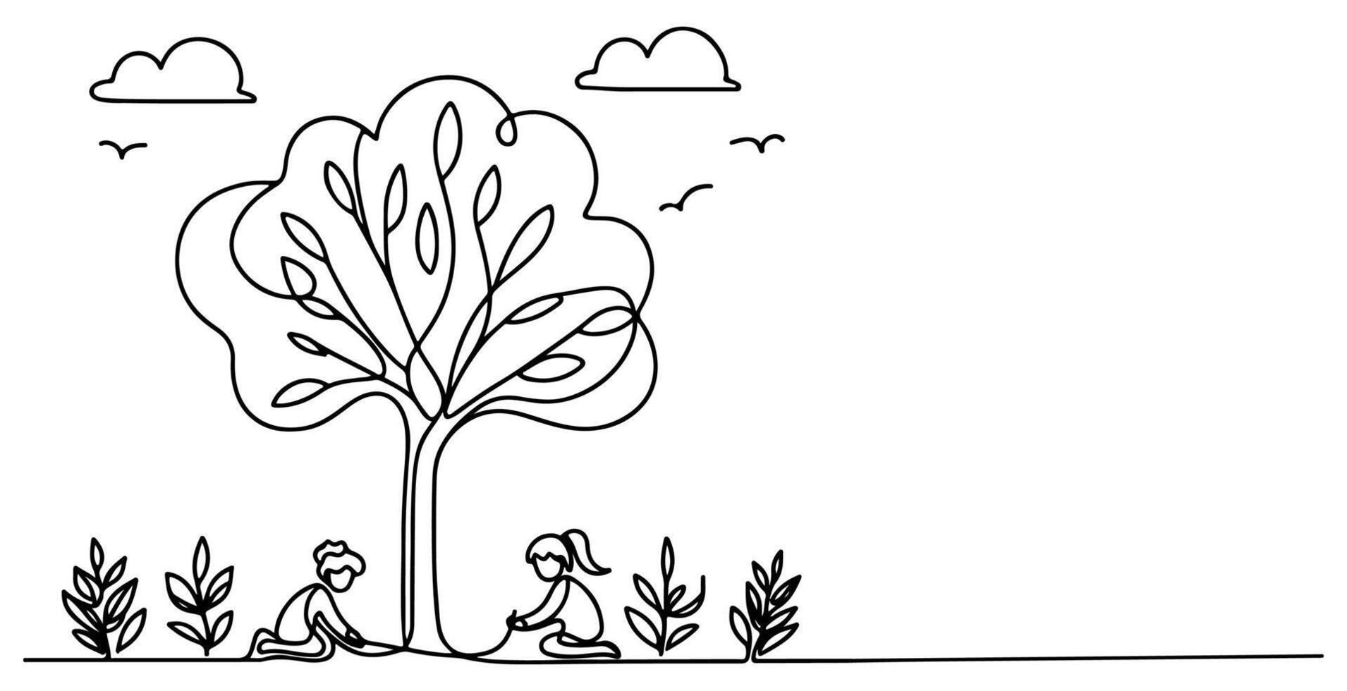 Continuous one black line art drawing Silhouette of children planting tree. Shovel digs roots plant into ground to save the world and earth day reduce global warming growth vector