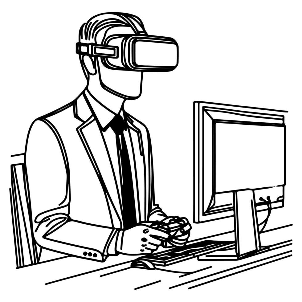 single continuous drawing black line art linear businessman in office using virtual reality headset simulator glasses with computer doodle style sketch vector