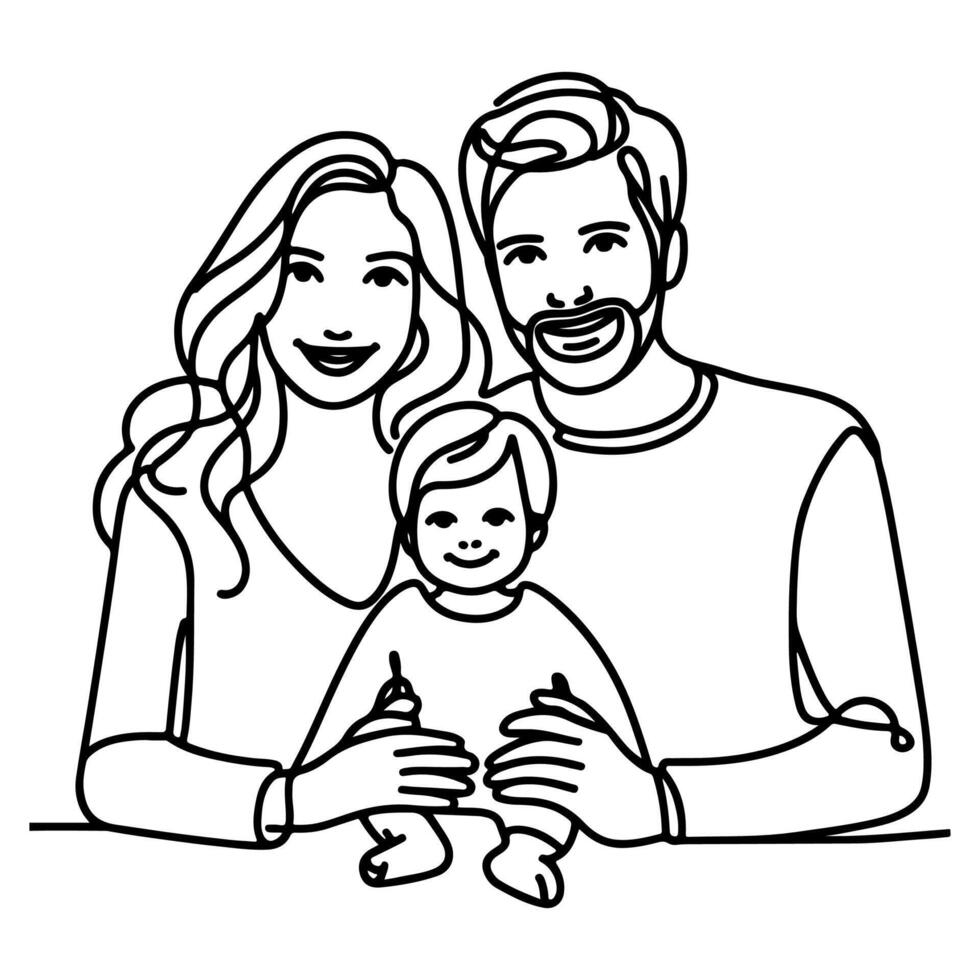 continuo uno negro línea Arte dibujo contento familia padre y madre con niño garabatos estilo vector ilustración en blanco