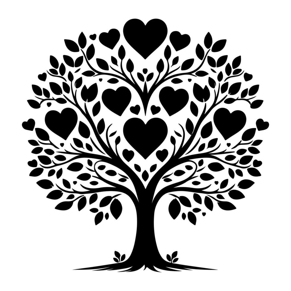 black love tree with heart leaves. hand draw Valentine day tree silhouette clip art isolated on white background, vector illustration