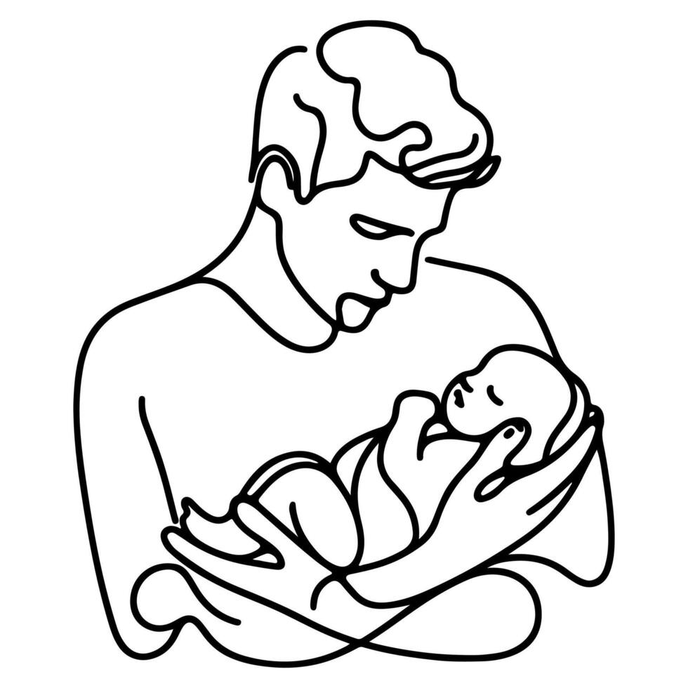 Continuous one black line art drawing parents with newborn baby doodles outline style vector illustration on white background