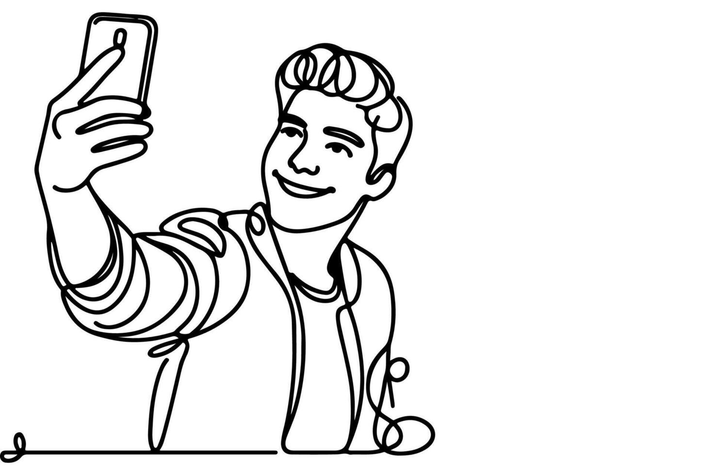 continuous one black line art drawing cheerful young man holding smartphone to taking acting selfie or video call through mobile phone outline doodle vector family travel concept
