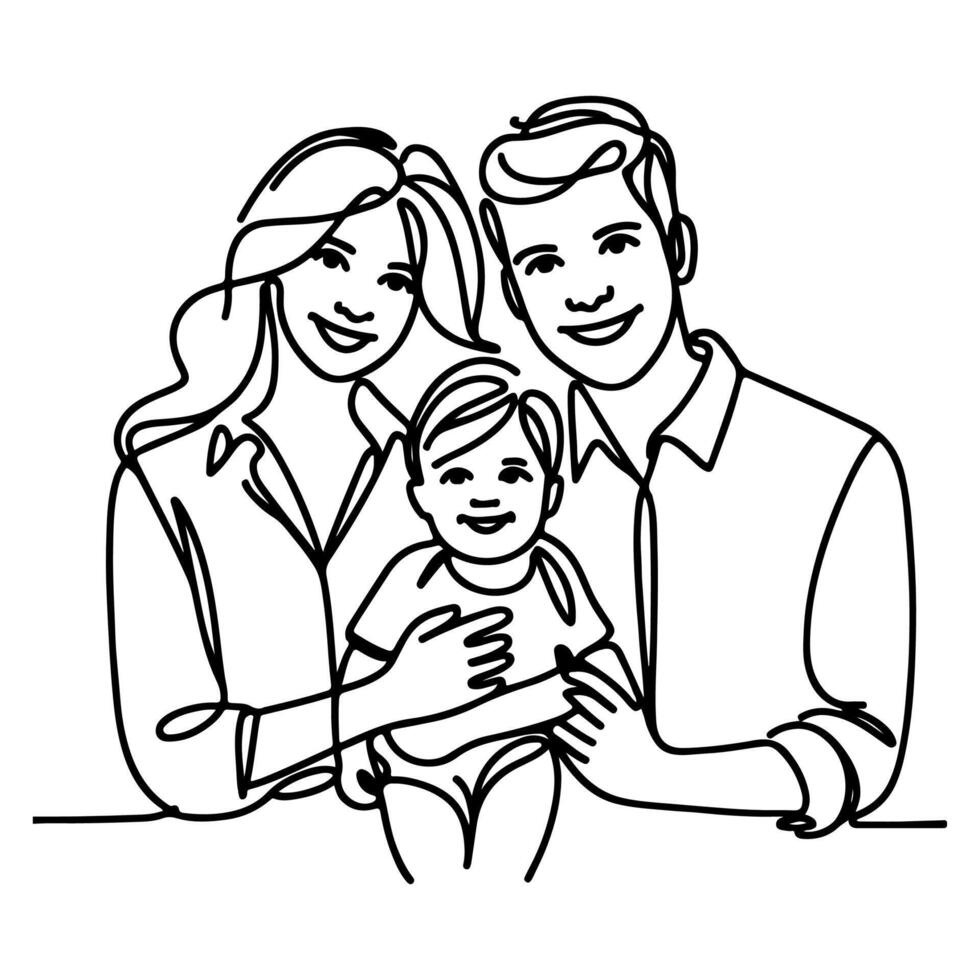 continuo uno negro línea Arte dibujo contento familia padre y madre con niño garabatos estilo vector ilustración en blanco