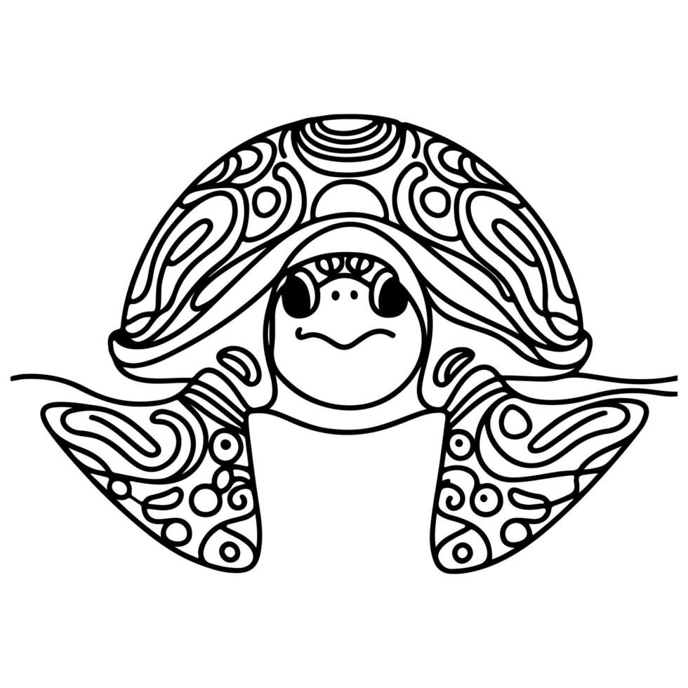 continuous one black line hand drawing turtle marine animal doodle vector illustration on white