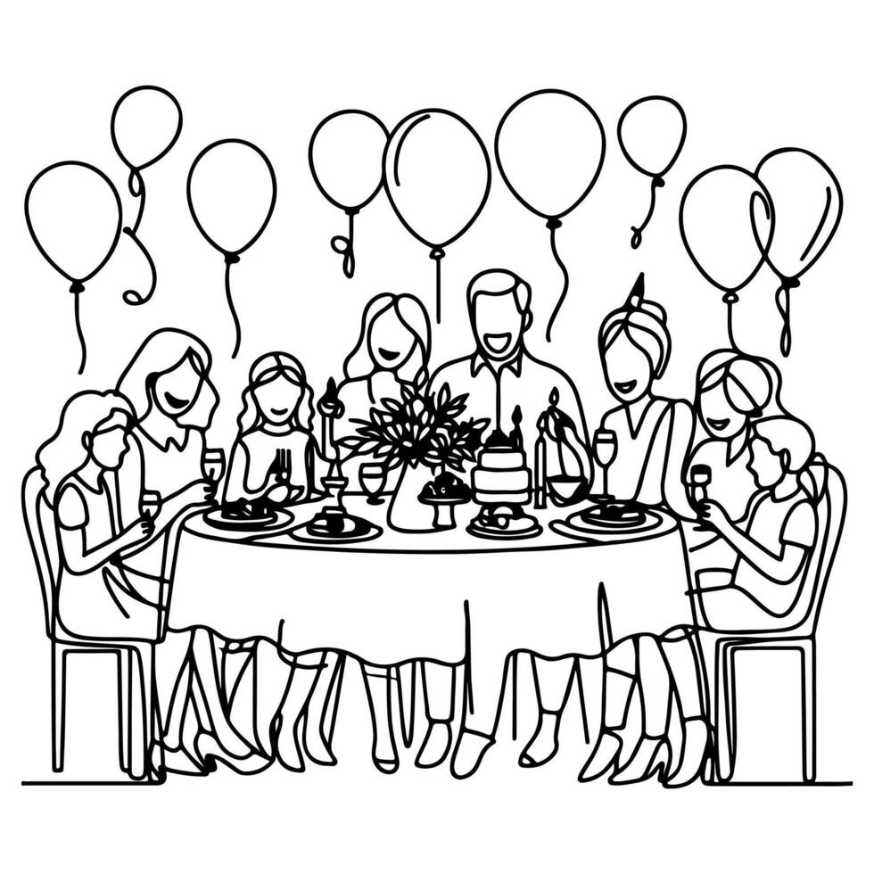 single continuous drawing black line family dinner sitting at table to celebration anniversary happy birthday party doodles vector