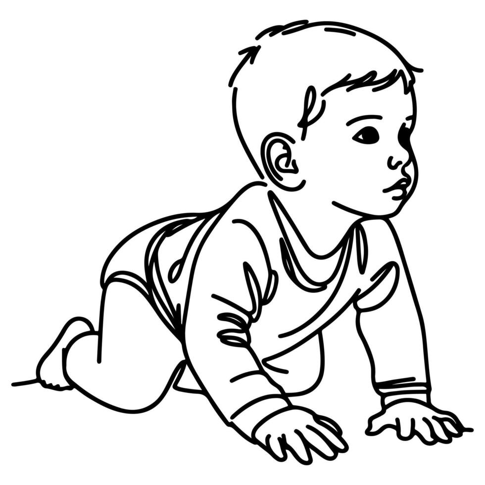 Continuous one black line art hand drawing child crawling doodles outline cartoon style coloring page vector illustration  on white background