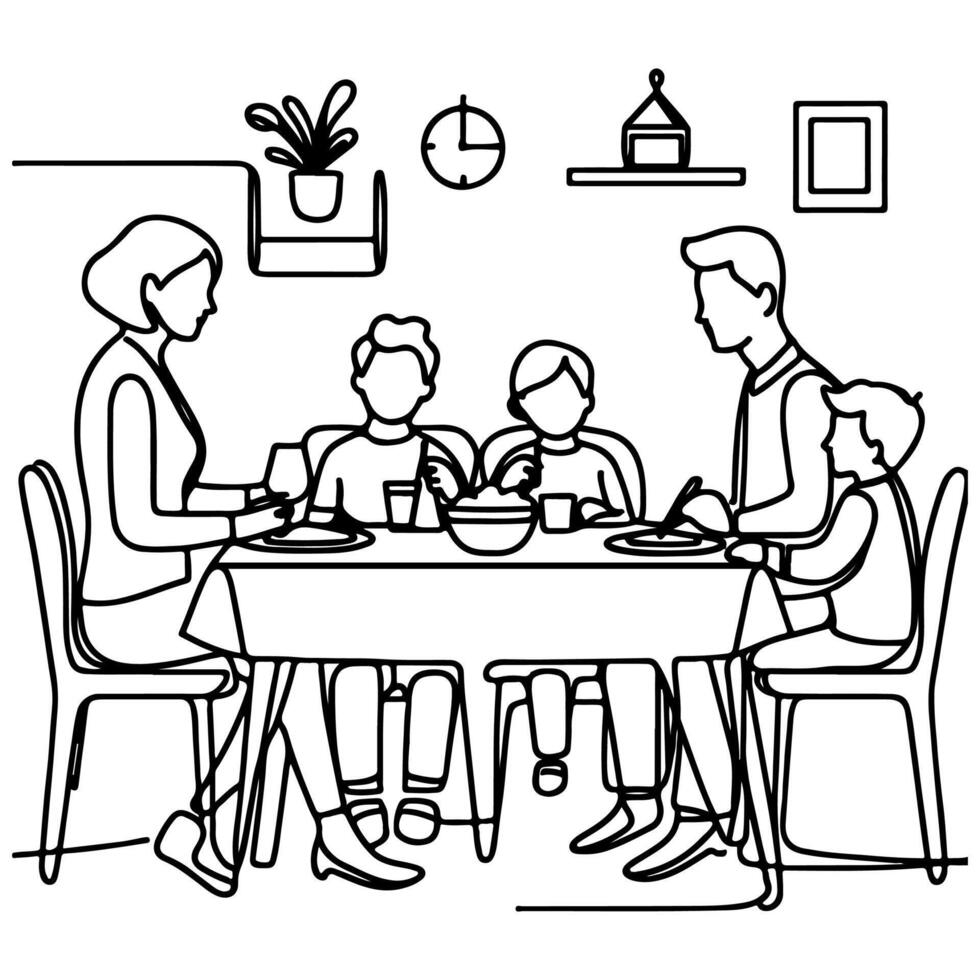 Continuous one black line art drawing happy family father and mother with child. having dinner sitting at table doodles style vector illustration on white background