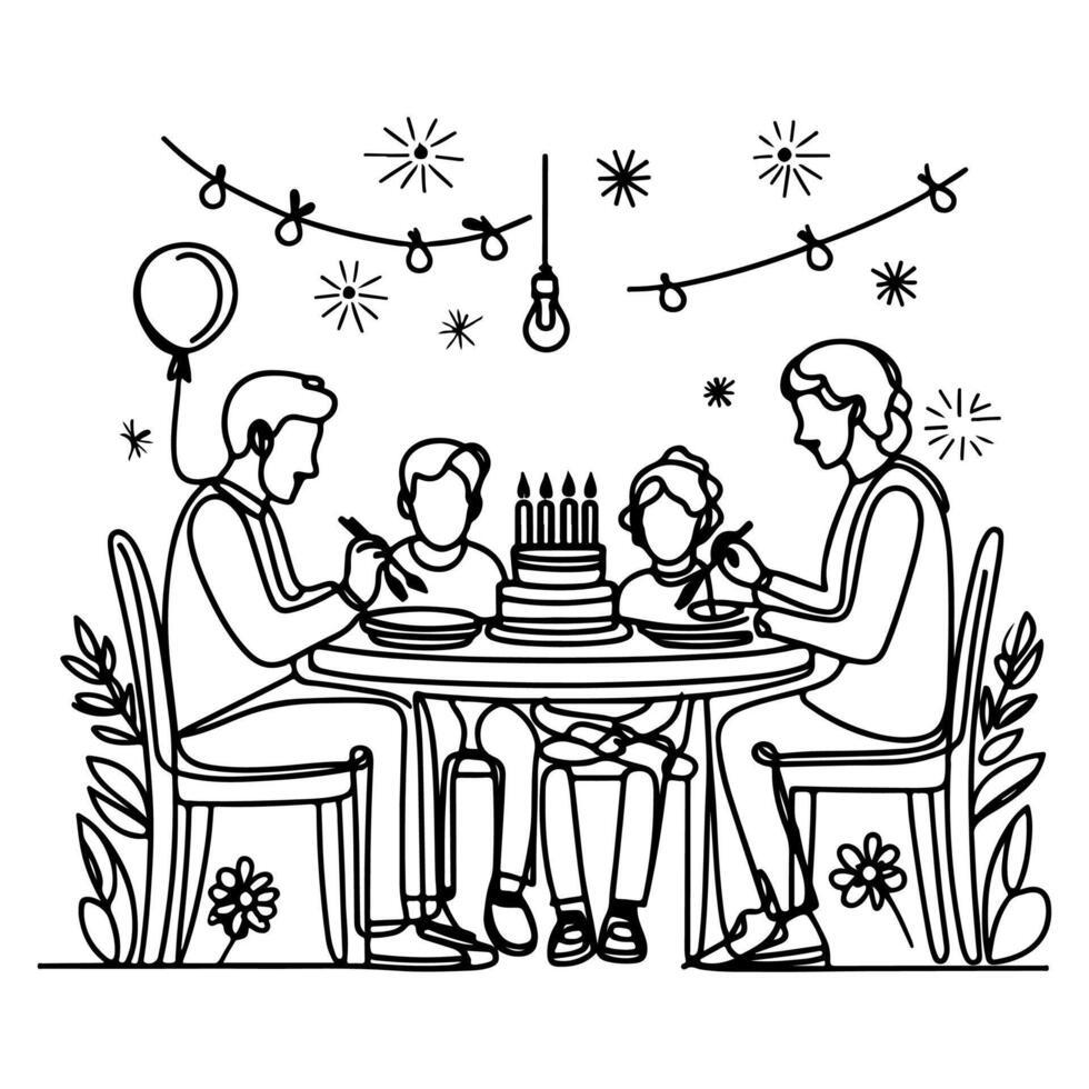 single continuous drawing black line family dinner sitting at table to celebration anniversary happy birthday party doodles vector