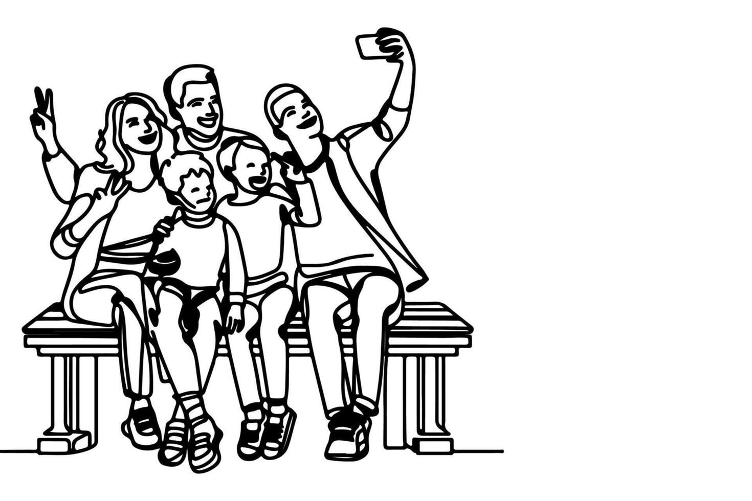 continuous one black line art drawing cheerful family taking acting selfie or video call through mobile phone outline doodle vector family travel concept