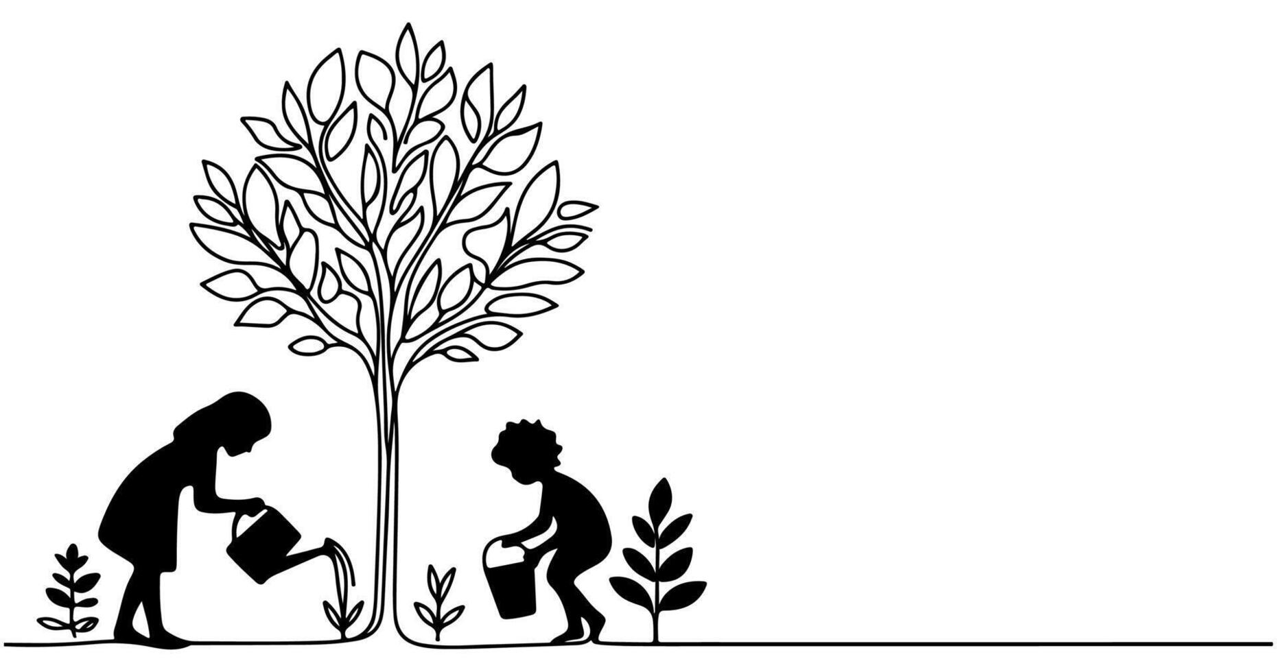 Continuous one black line art drawing Silhouette of children watering a tree. planting tree to save the world and earth day reduce global warming growth concept vector illustration on white background