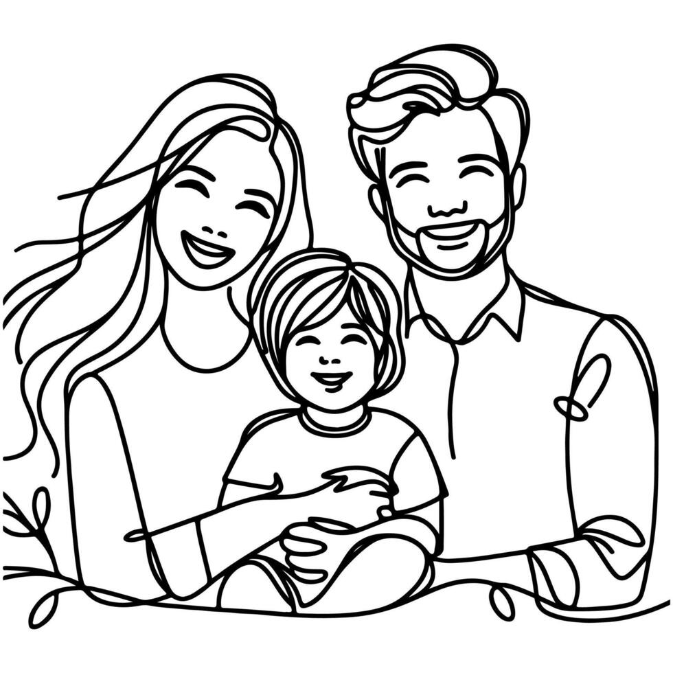 Continuous one black line art drawing happy family father and mother with child doodles style vector illustration on white