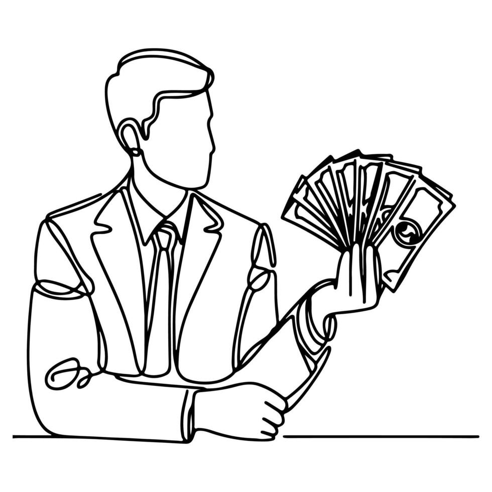 continuous one line businessman displaying a spread of us dollar cash, holding money to showing doodle vector illustration on white background