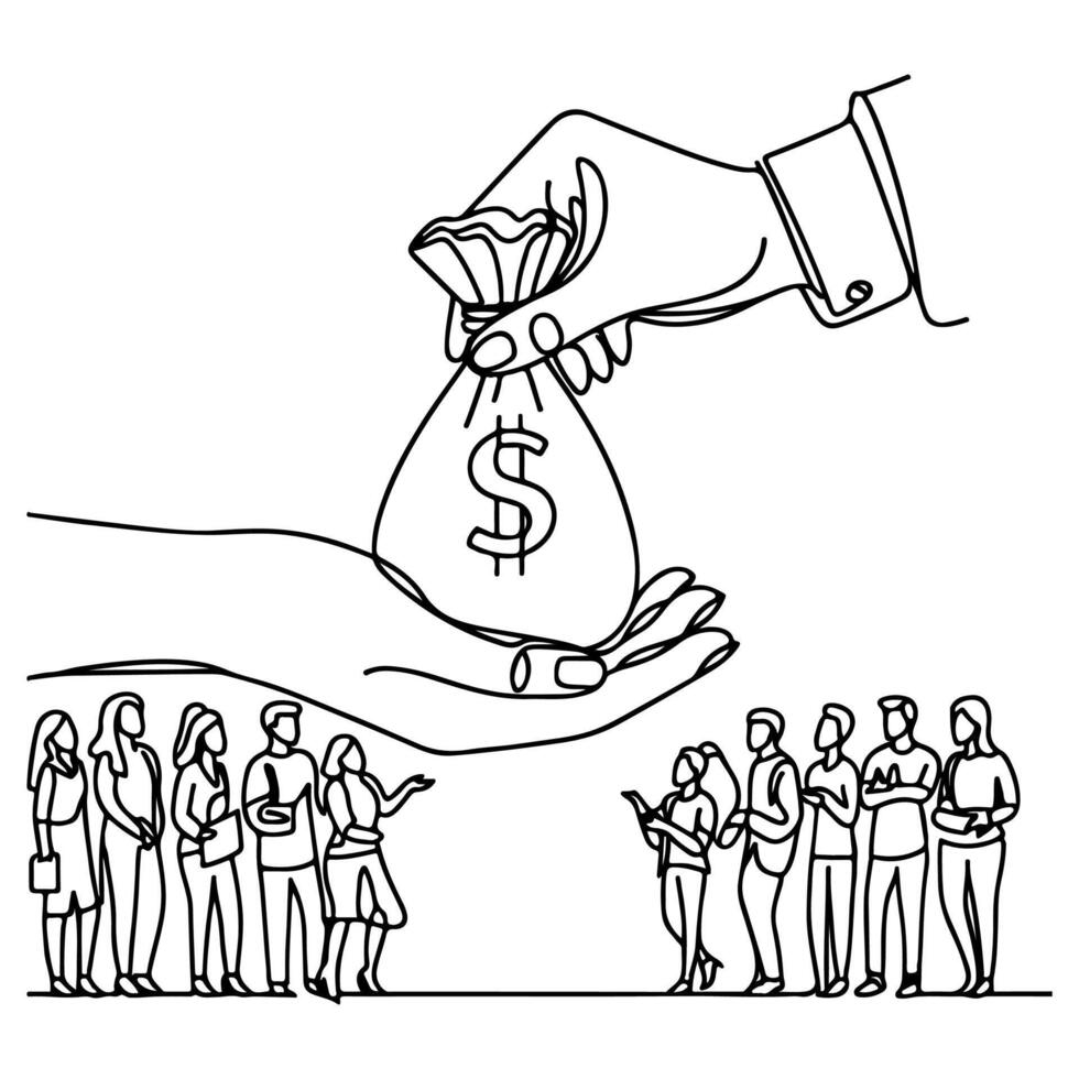 hand giving money bag to another people, financial goal business doodle concept vector illustration