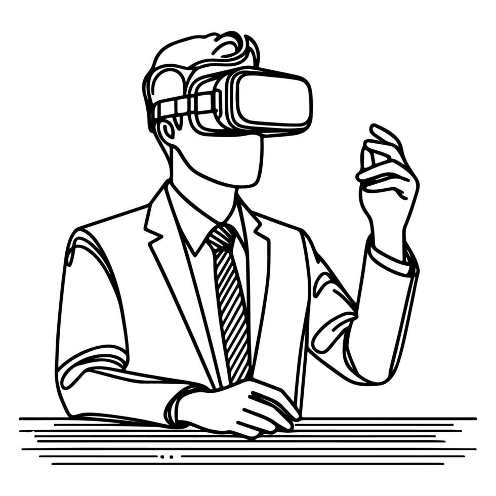 single continuous drawing black line art linear businessman in office using virtual reality headset simulator glasses with computer doodle style sketch vector
