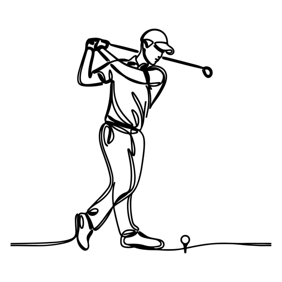 continuous one line golf swing player on professional taking a shot doodle vector illustration on white