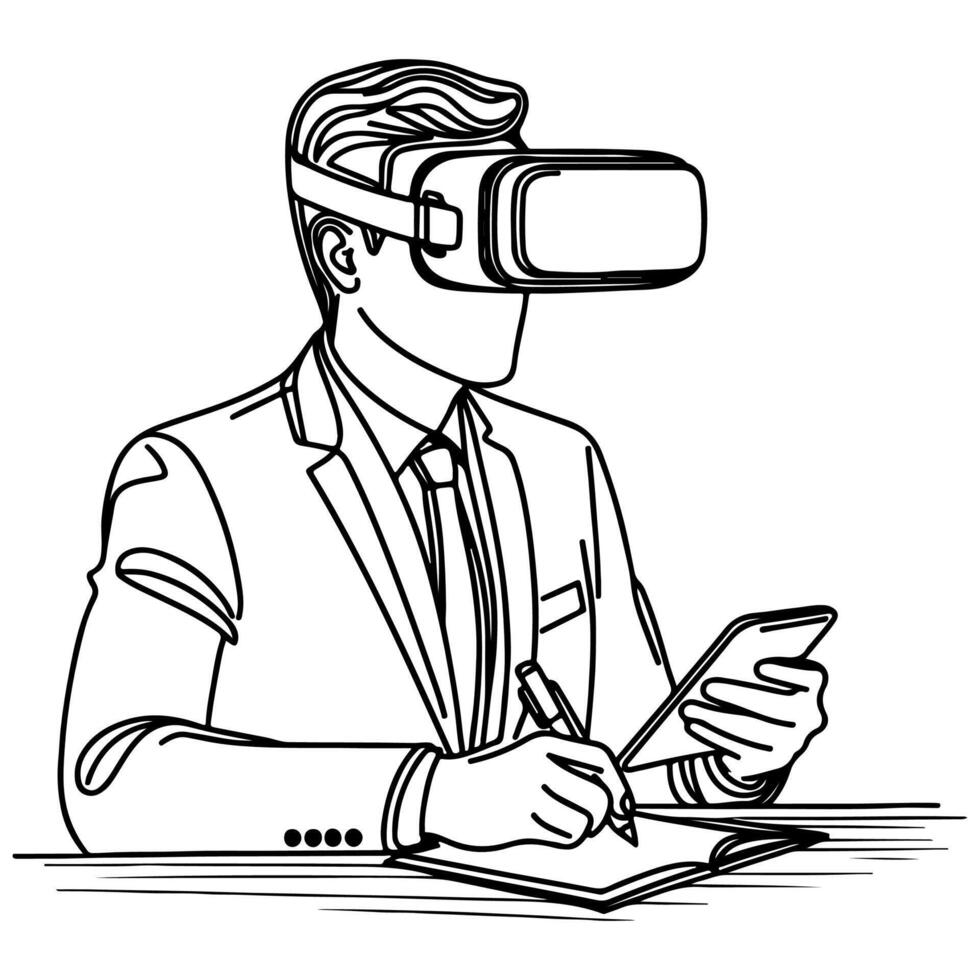 single continuous drawing black line art linear businessman in office using virtual reality headset simulator glasses with computer doodle style sketch vector