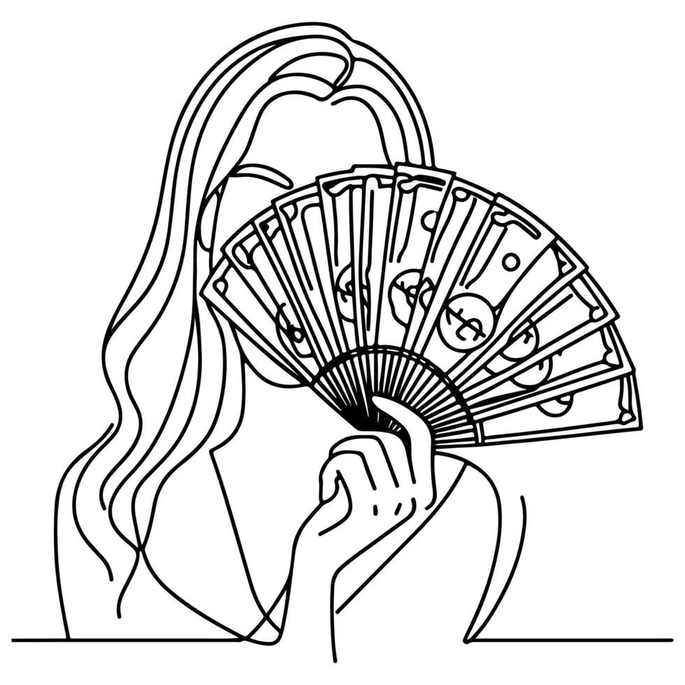 continuous one line girl holding money fan against her face doodle vector illustration on white background