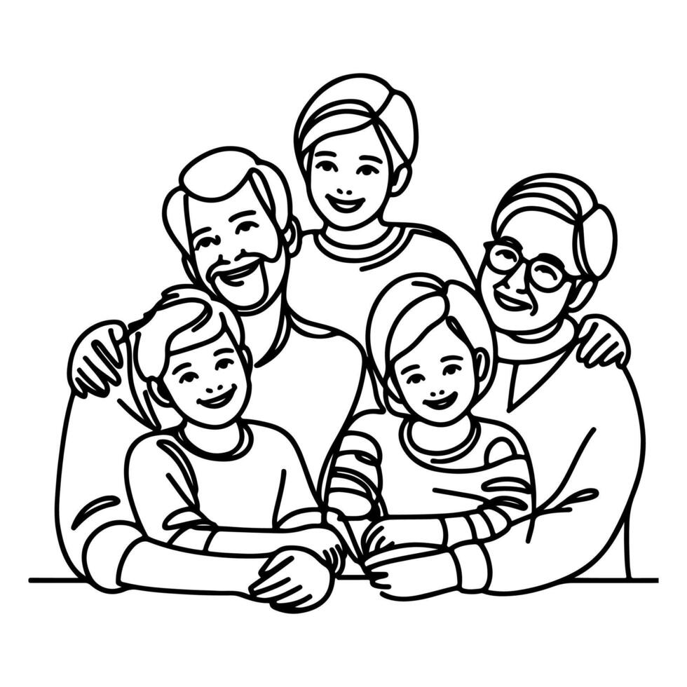 Continuous one black line art drawing happy family father and mother with child doodles style vector illustration on white