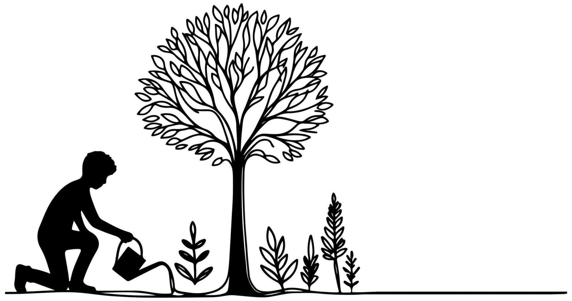 Continuous one black line art drawing Silhouette of children watering a tree. planting tree to save the world and earth day reduce global warming growth concept vector illustration on white background