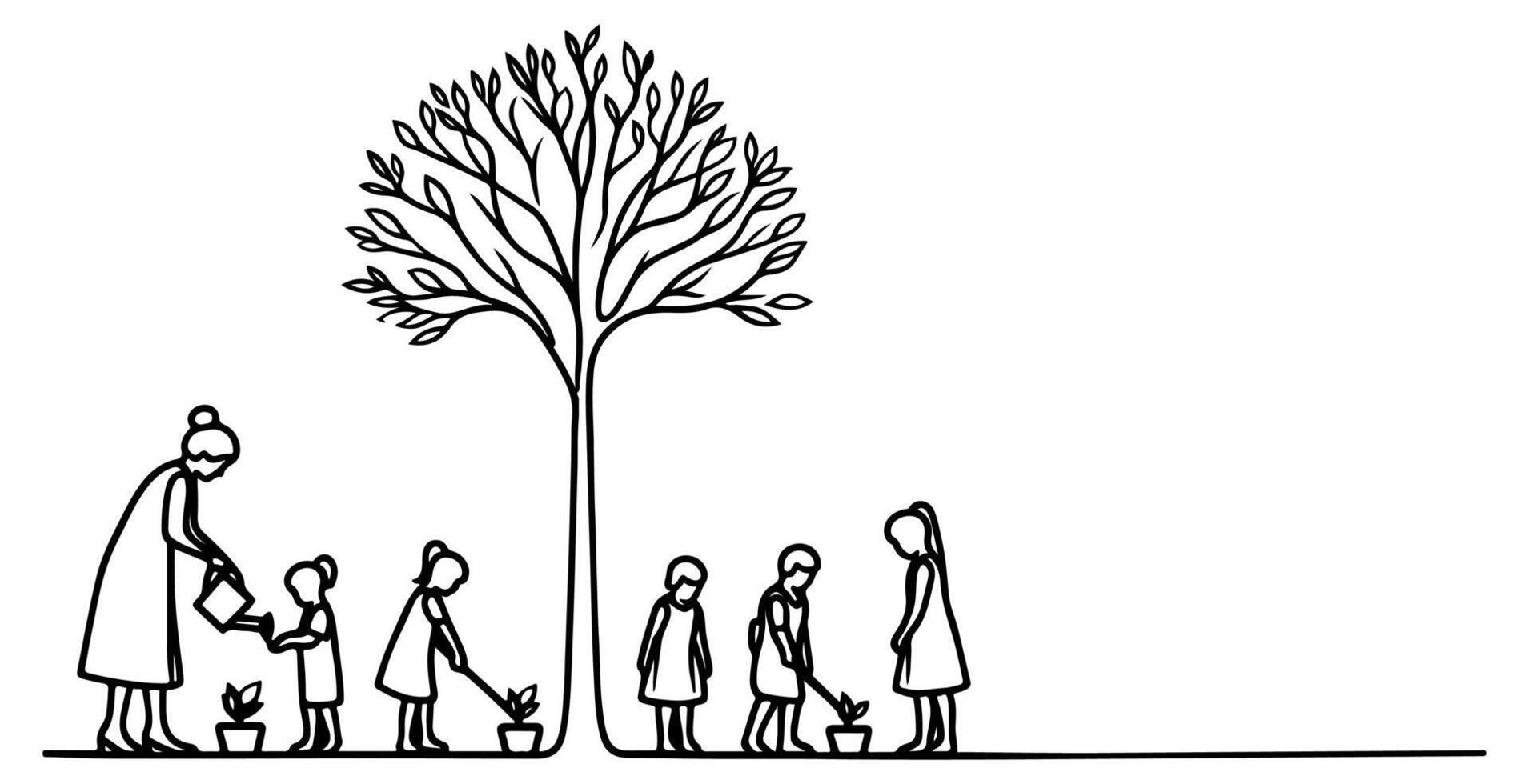 Continuous one black line art drawing Silhouette of children planting tree. Shovel digs roots plant into ground to save the world and earth day reduce global warming growth vector