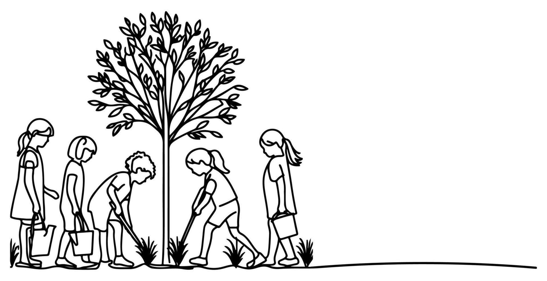 Continuous one black line art drawing Silhouette of children planting tree. Shovel digs roots plant into ground to save the world and earth day reduce global warming growth vector