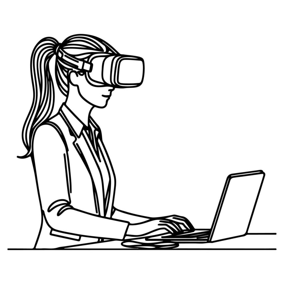 single continuous drawing black line art linear woman in office using virtual reality headset simulator glasses with computer doodle style sketch vector