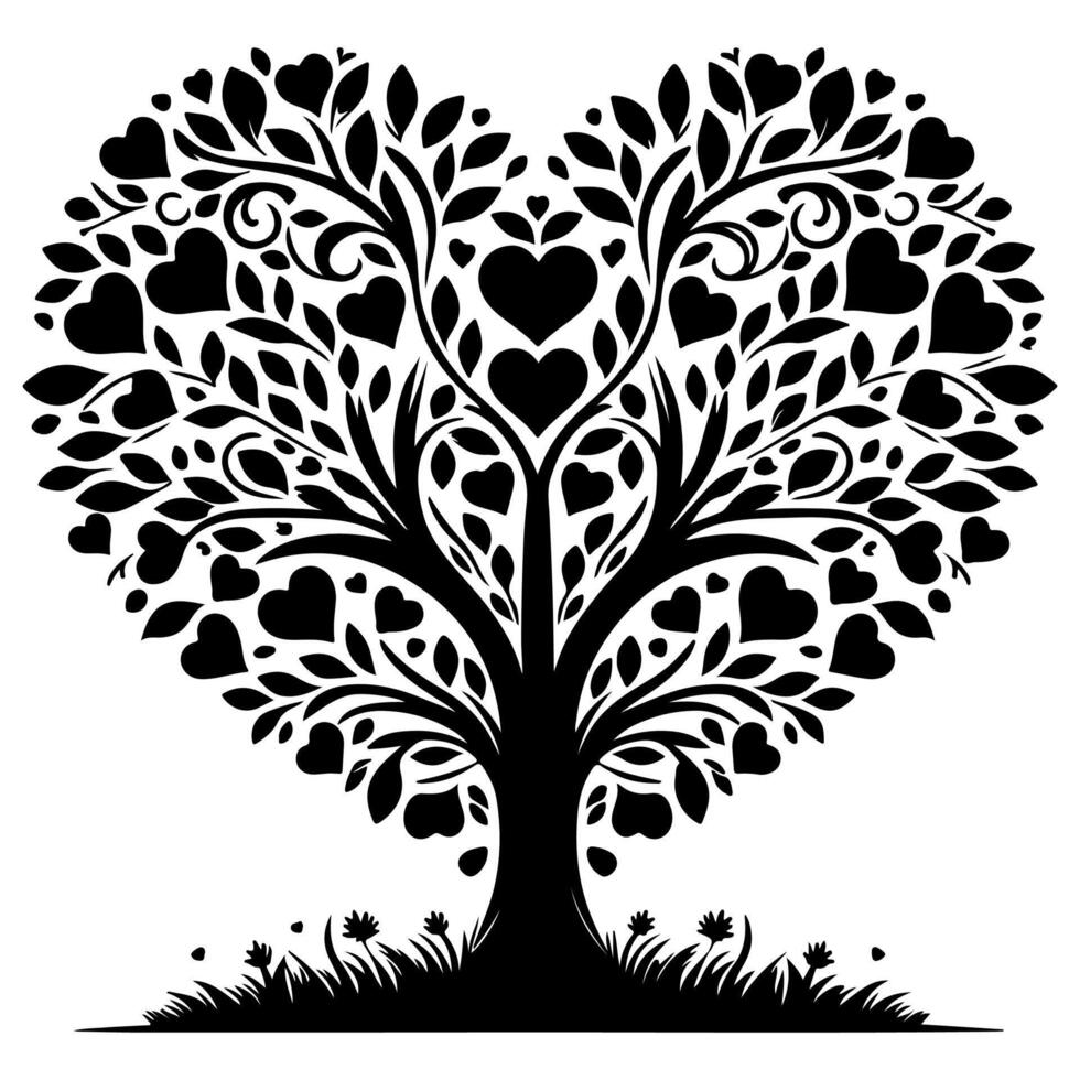 Black love tree with heart leaves. hand draw Valentine tree silhouette clip art isolated on white background, vector illustration