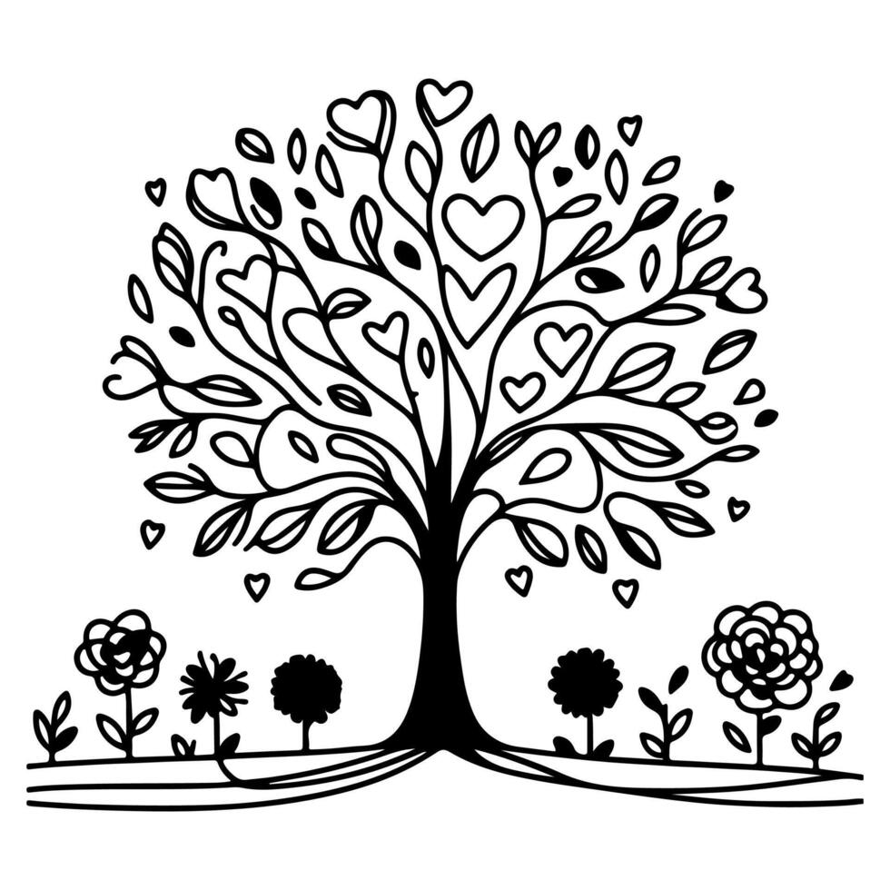 black love tree with heart leaves. hand draw Valentine day tree silhouette clip art isolated on white background, vector illustration