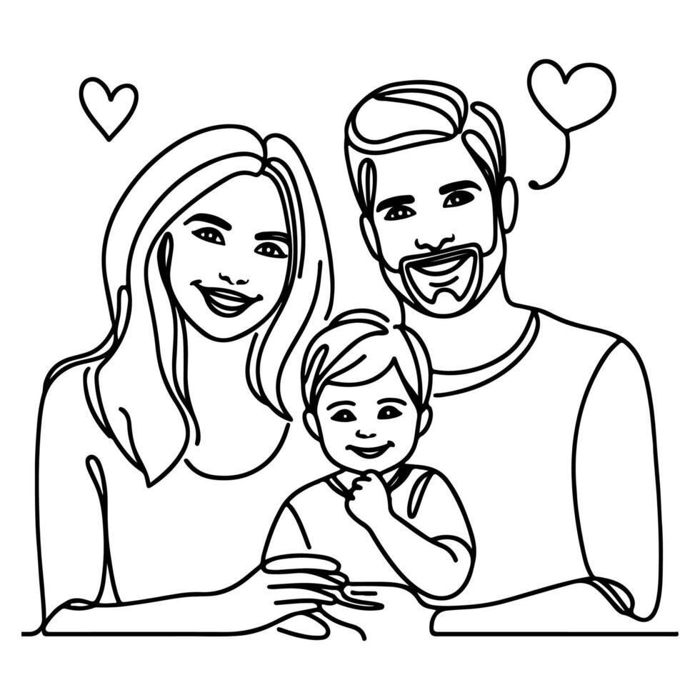 continuo uno negro línea Arte dibujo contento familia padre y madre con niño garabatos estilo vector ilustración en blanco