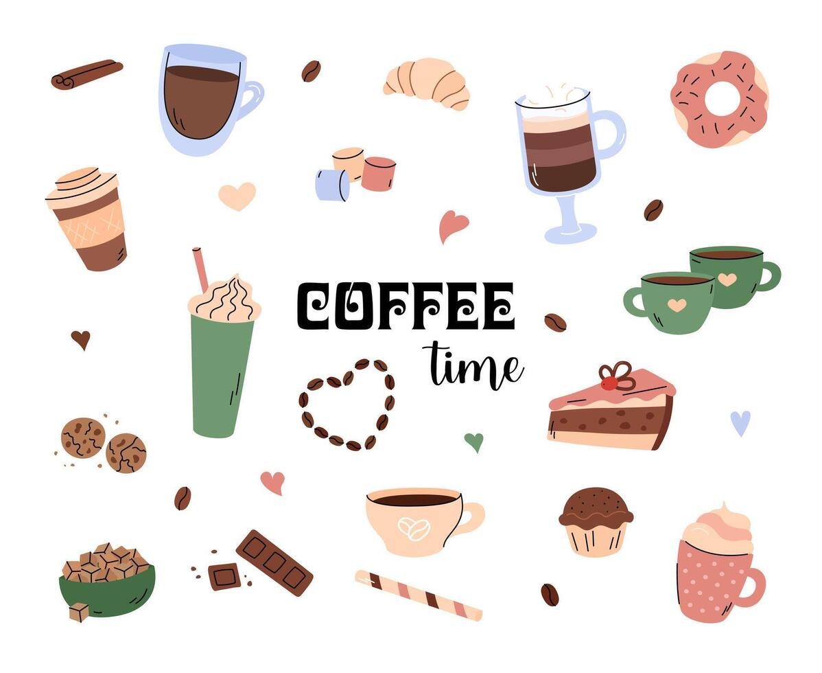 Coffee time doodles vector set. Cute beverages and sweet food elements. Simple hand drawn illustrations. Different coffee drinks cappuccino, espresso, frappe and mocha. Cake, croissant, donut