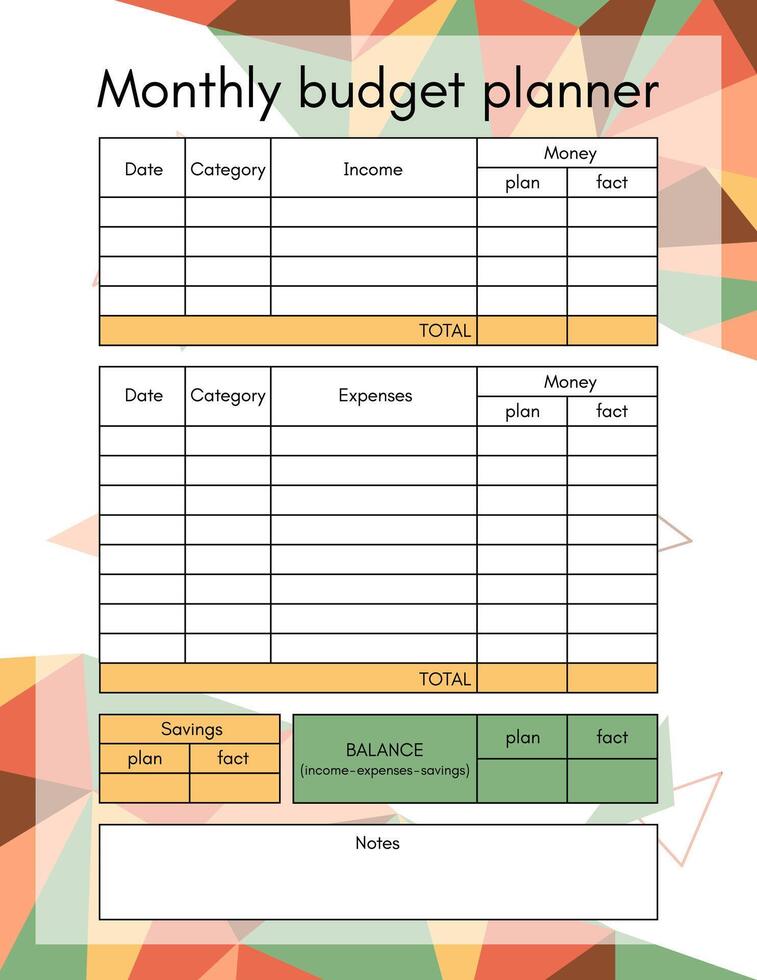 Budget planner monthly template page. Financial plan of incomes, expenses and savings in month. Money accounting for family household or business. Vector flat printable blank worksheet