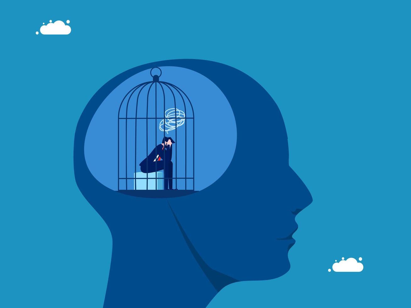 Slave, helpless prisoner. Businessman stuck in a cage on a human brain vector