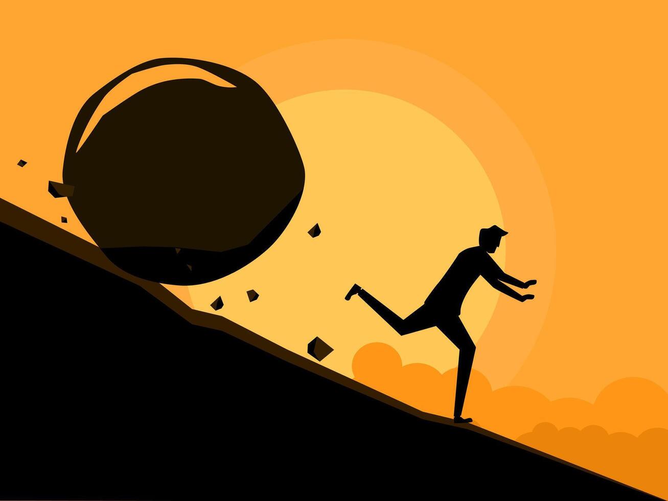 People run away from rocks rolling down the mountain. business concept vector